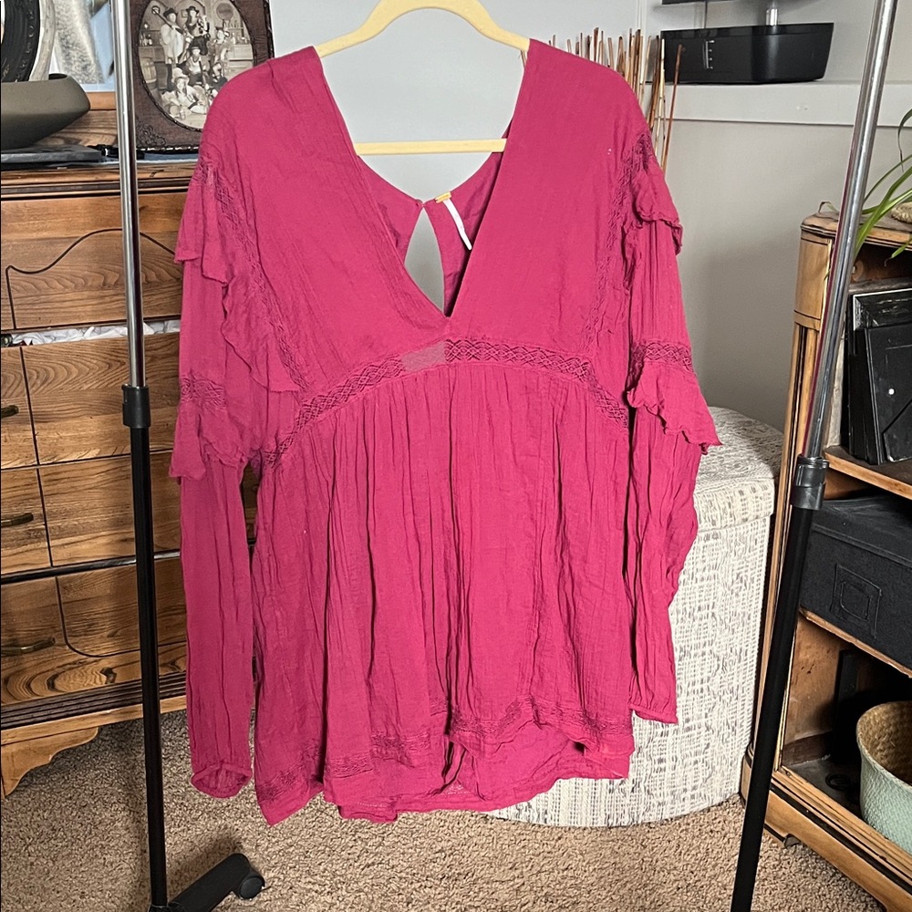 Free People Raspberry Tiered Long-Sleeve Peasant Tunic